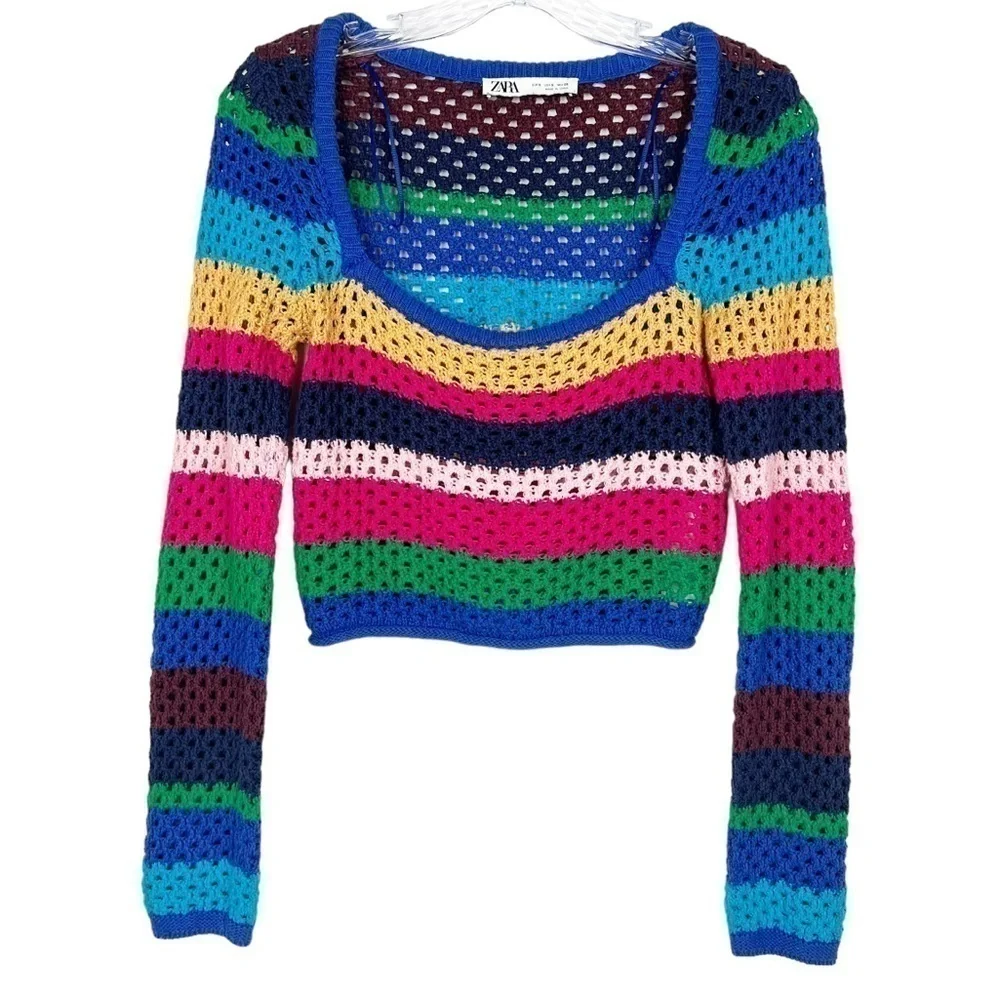 Zara women square neck crochet top size S cropped long sleeve striped multicolor - Picture 1 of 9